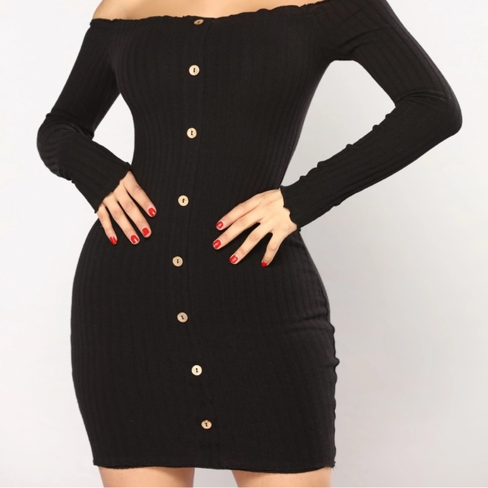 Elegant Black Off-Shoulder Buttoned Sweater Dress
